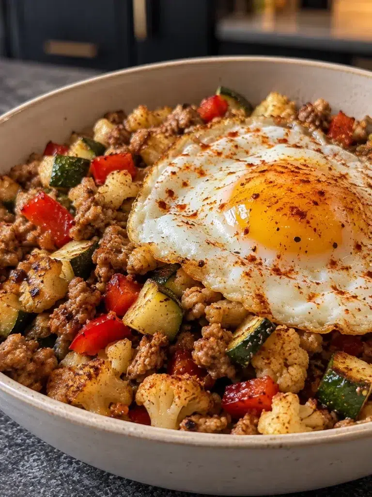 A fried egg over a skillet of no-added-sugar breakfast hash with turkey and vegetables