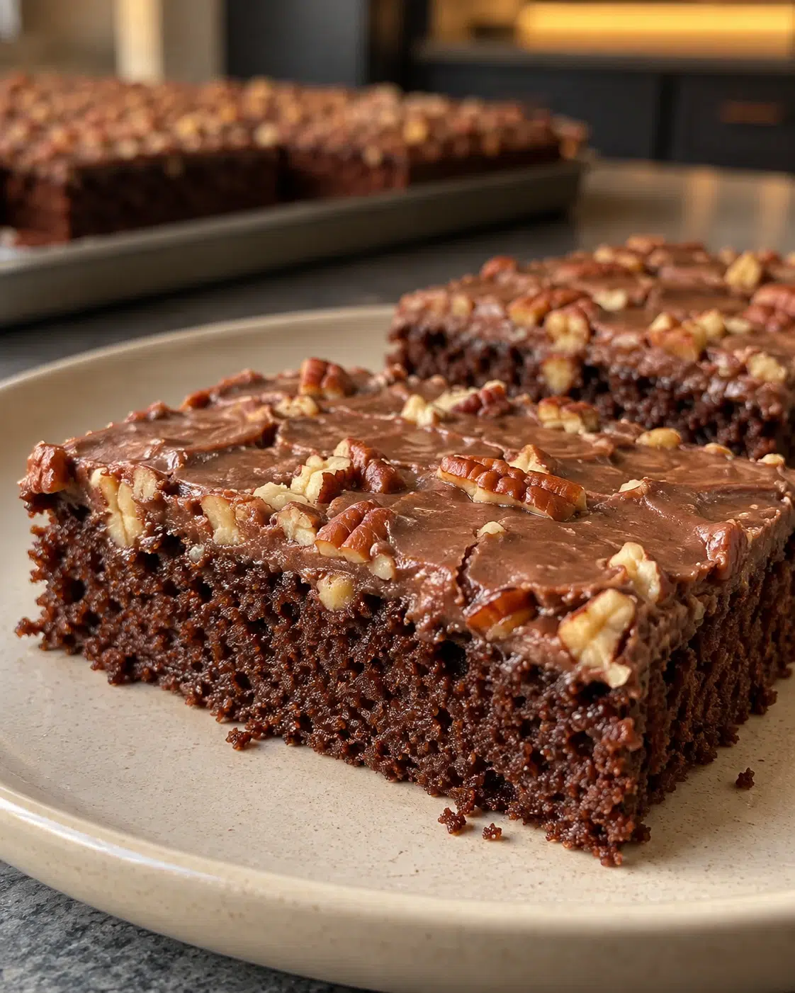 Sugar-free Texas sheet cake bars with glossy chocolate pecan frosting on a beige plate