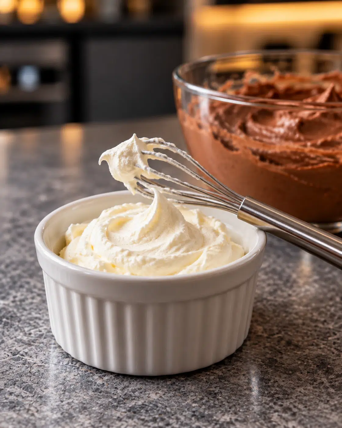 White ramekin of softly whipped cream with a mini whisk, chocolate mixture in a glass bowl behind