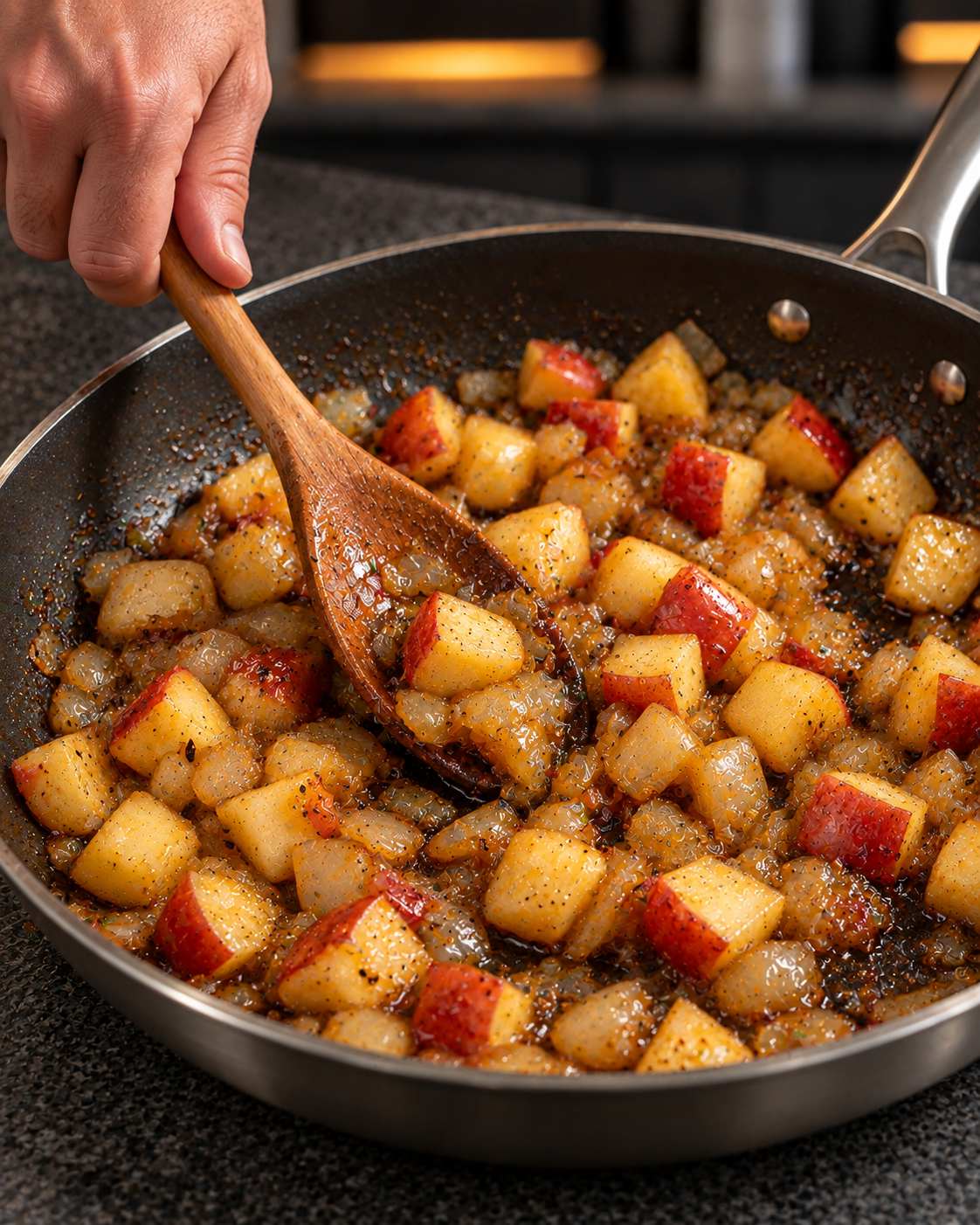 Chunky red-peeled apple cubes and diced onion caramelizing before the chicken returns