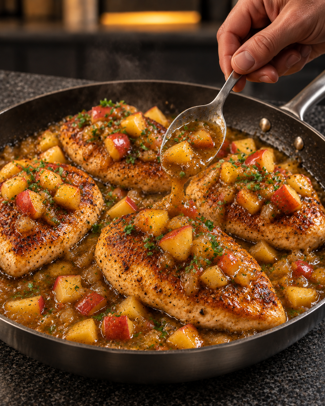 No-added-sugar apple chutney chicken: four seared portions in glossy chutney, apple spooned over