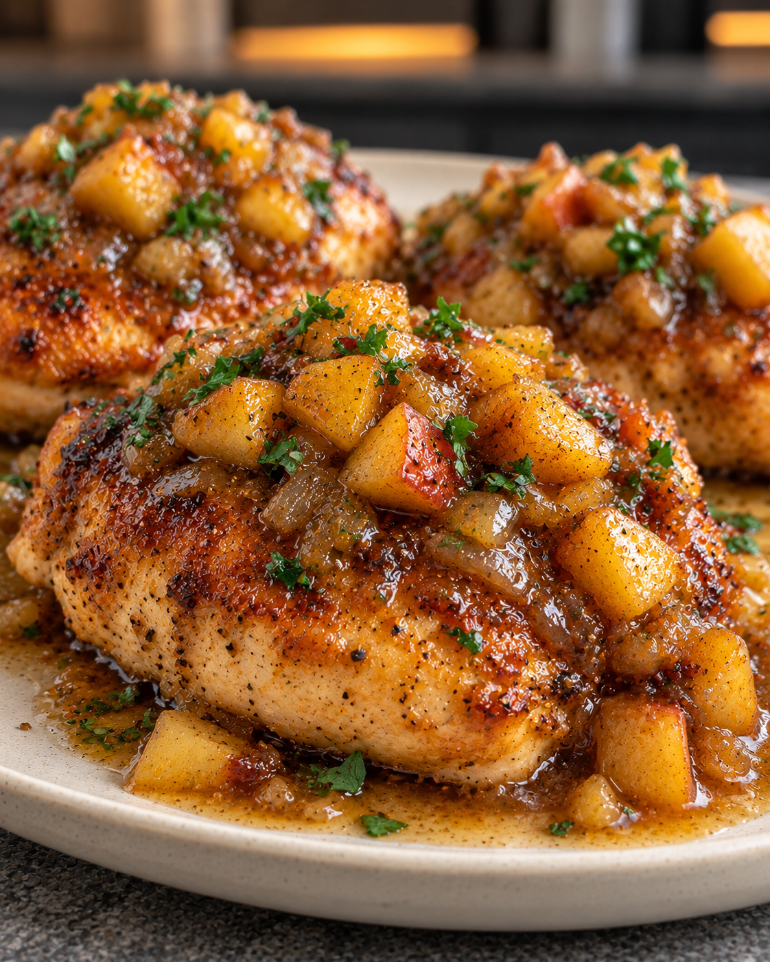 No-added-sugar apple chutney chicken with golden seared chicken, chunky apple and glossy chutney