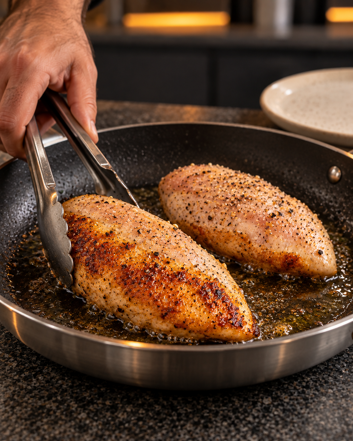Two chicken breast portions searing to a deep golden crust in a dark 12-inch skillet