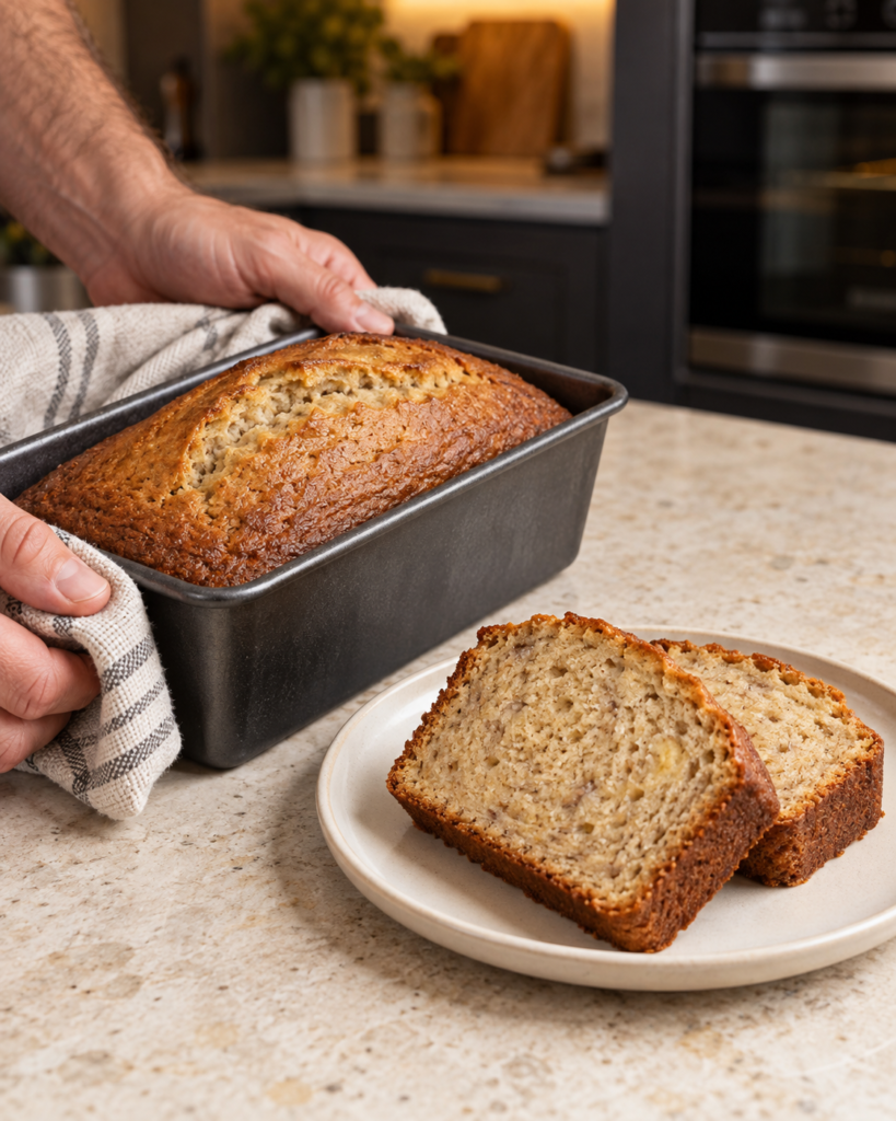 Tall golden no-added-sugar banana bread loaf with two thick slices on a plate