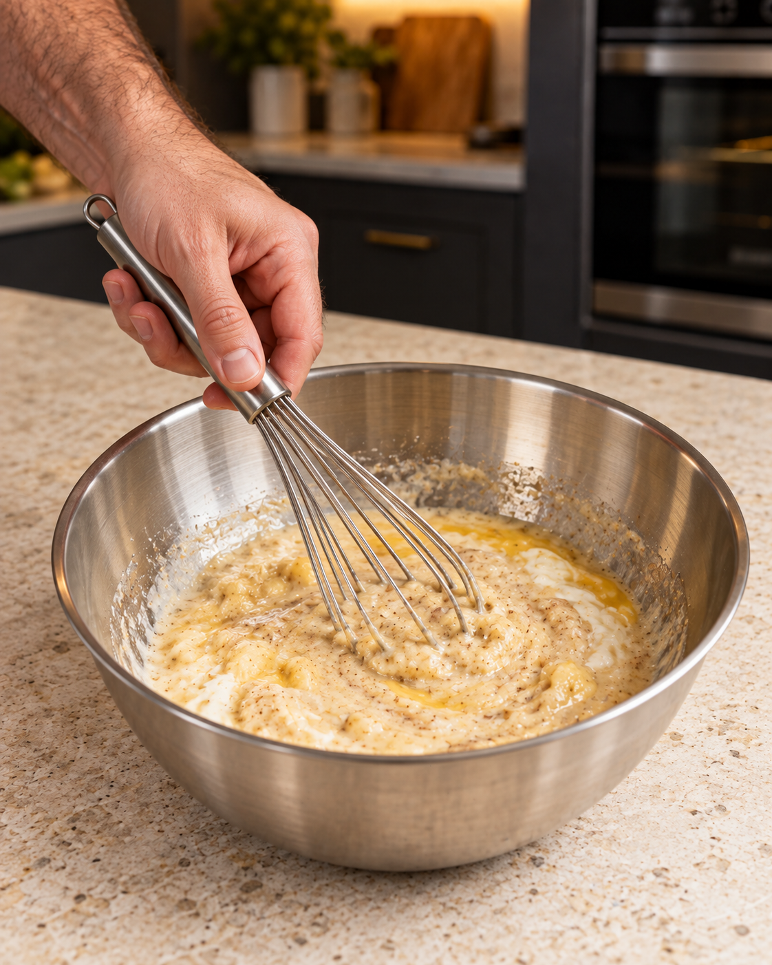 Mashed banana, Greek yogurt and eggs whisked together in a metal bowl