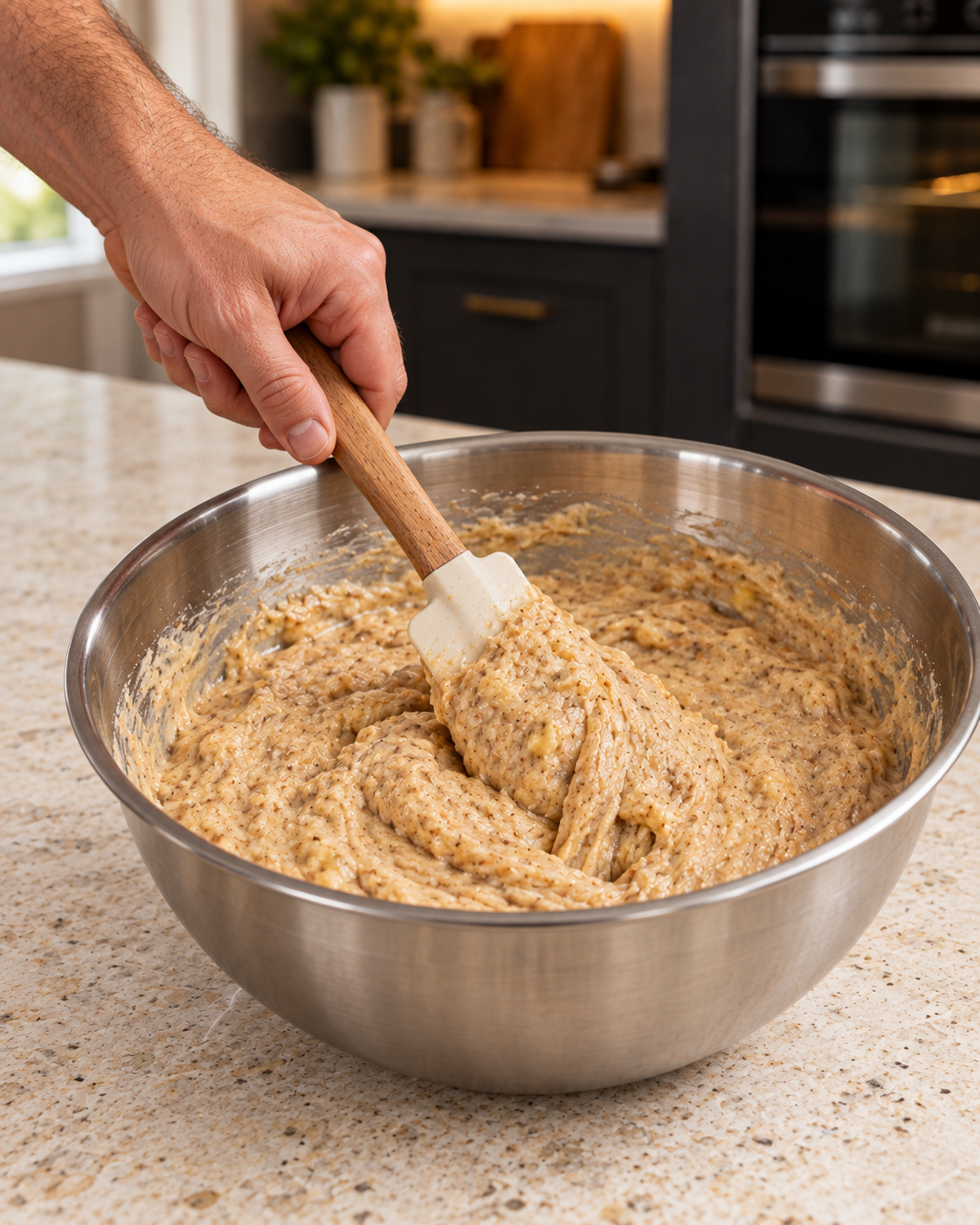 Thick cinnamon-speckled batter folded with a silicone spatula in a bowl