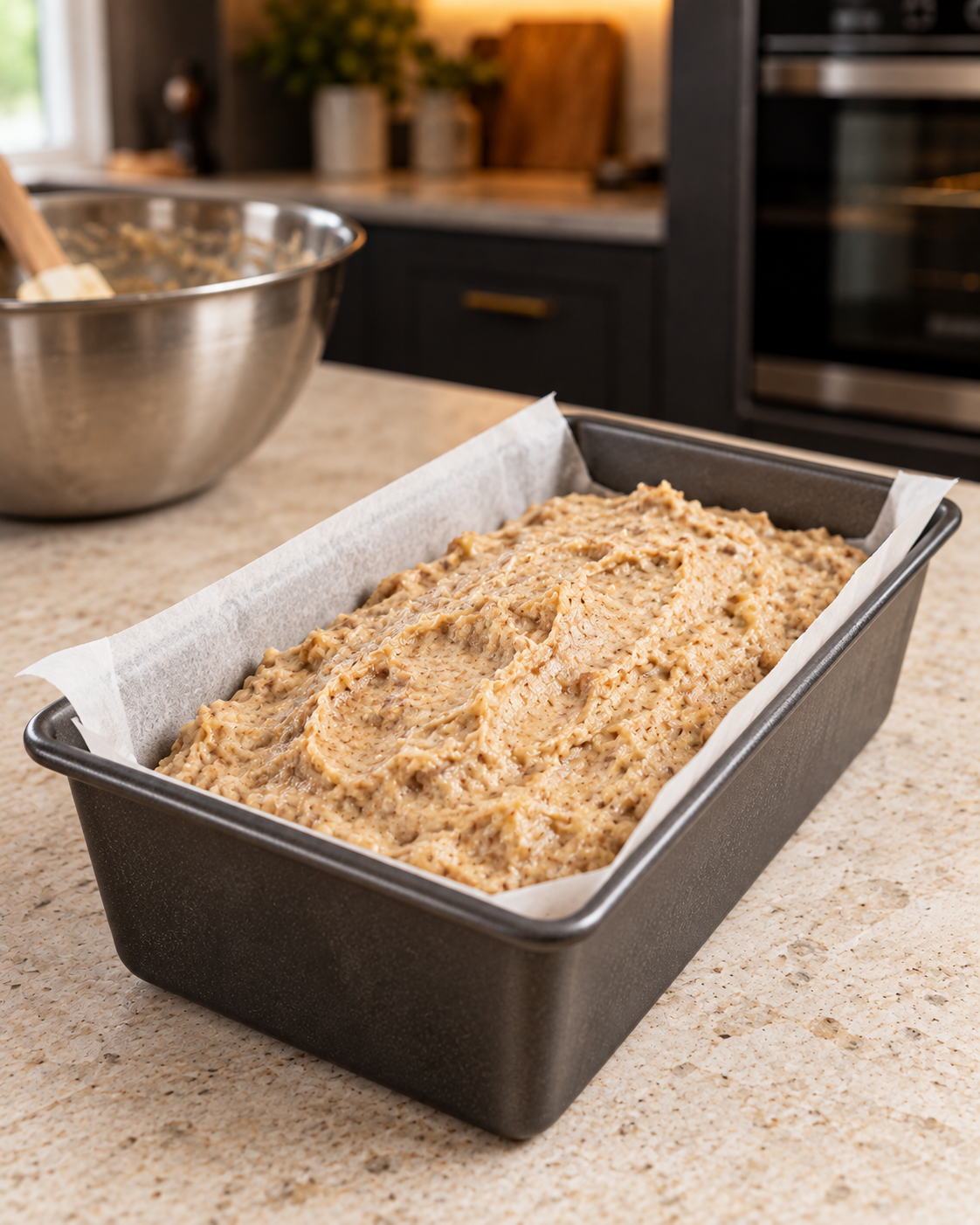 Batter mounded along the center of a parchment-lined loaf pan before baking