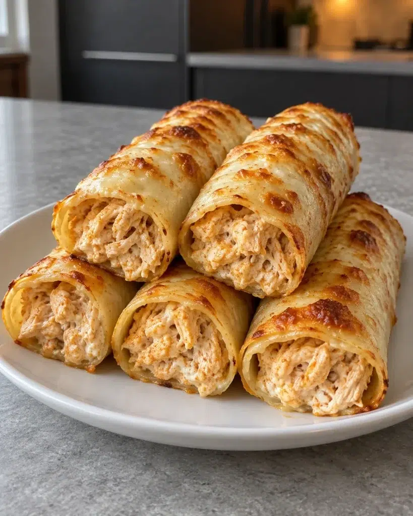 Spicy cheesy chicken cannelloni rolls with golden melted mozzarella stacked on a white plate