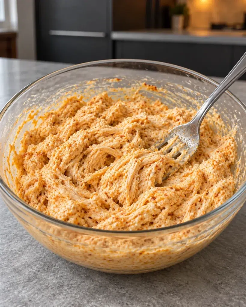 Spicy creamy shredded chicken filling mixed in a glass bowl