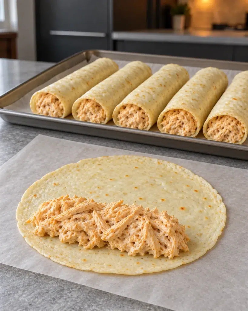 Chicken filling on an egg white wrap ready to roll
