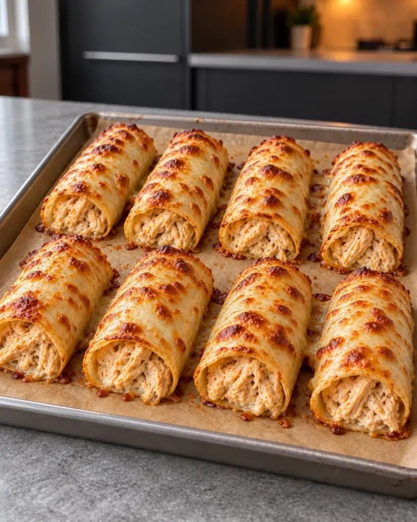 Eight chicken cannelloni rolls with golden mozzarella on a baking sheet