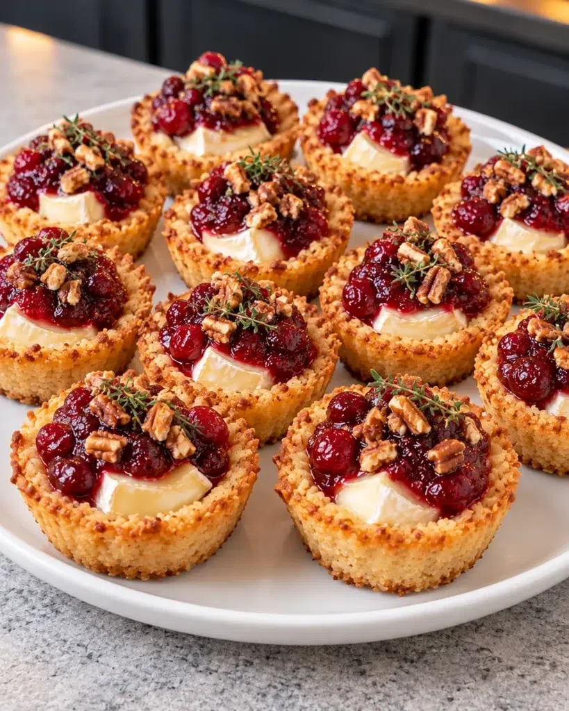 No-added-sugar cranberry brie bites in golden almond pastry cups with pecans and thyme on a white plate