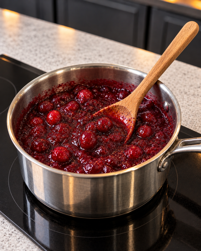 Glossy cranberry topping simmering in a saucepan