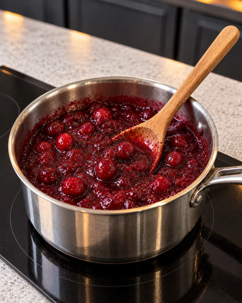 Glossy cranberry topping simmering in a saucepan