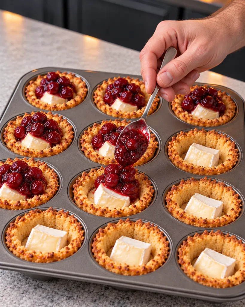 Cranberry topping being spooned over Brie in pastry cups