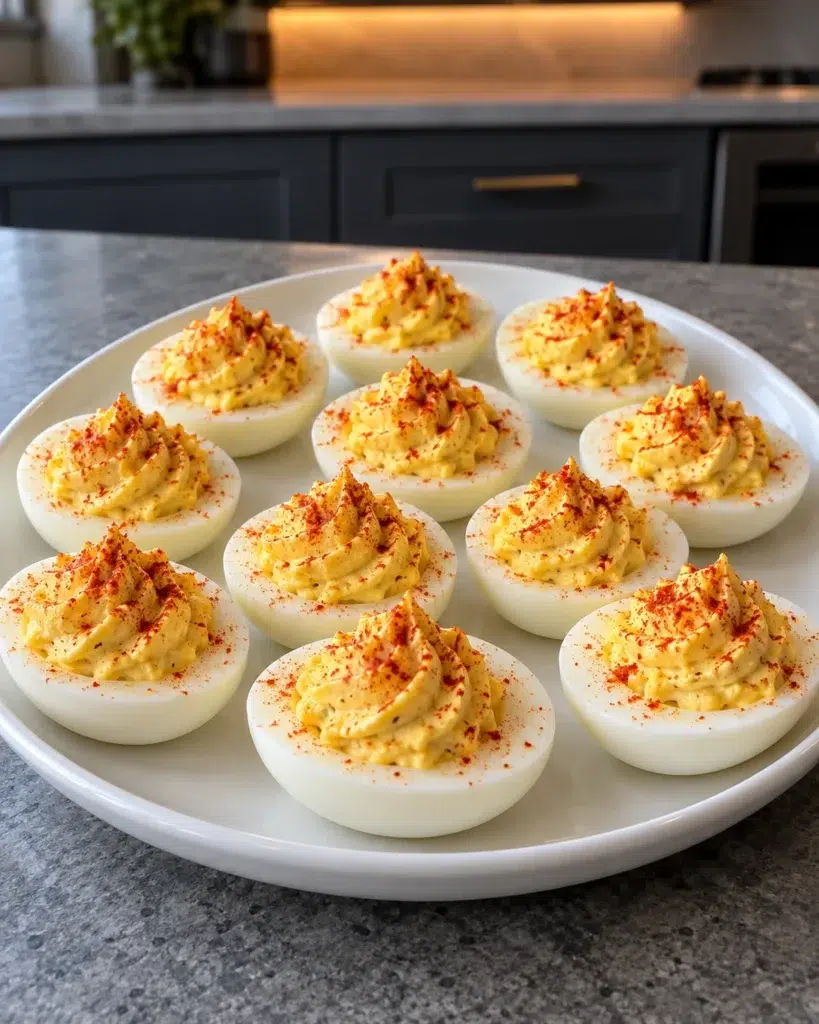 No-added-sugar deviled eggs with piped yellow filling and smoked paprika on a white plate