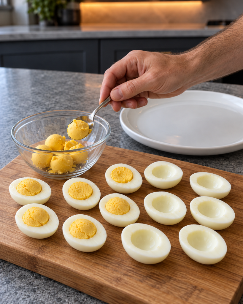 Hard-boiled egg halves on a cutting board, yolks being scooped into a glass bowl