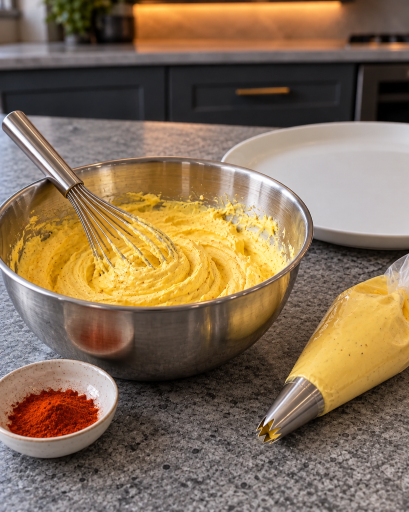 Creamy yellow yolk filling whisked in a steel bowl beside paprika and a piping bag