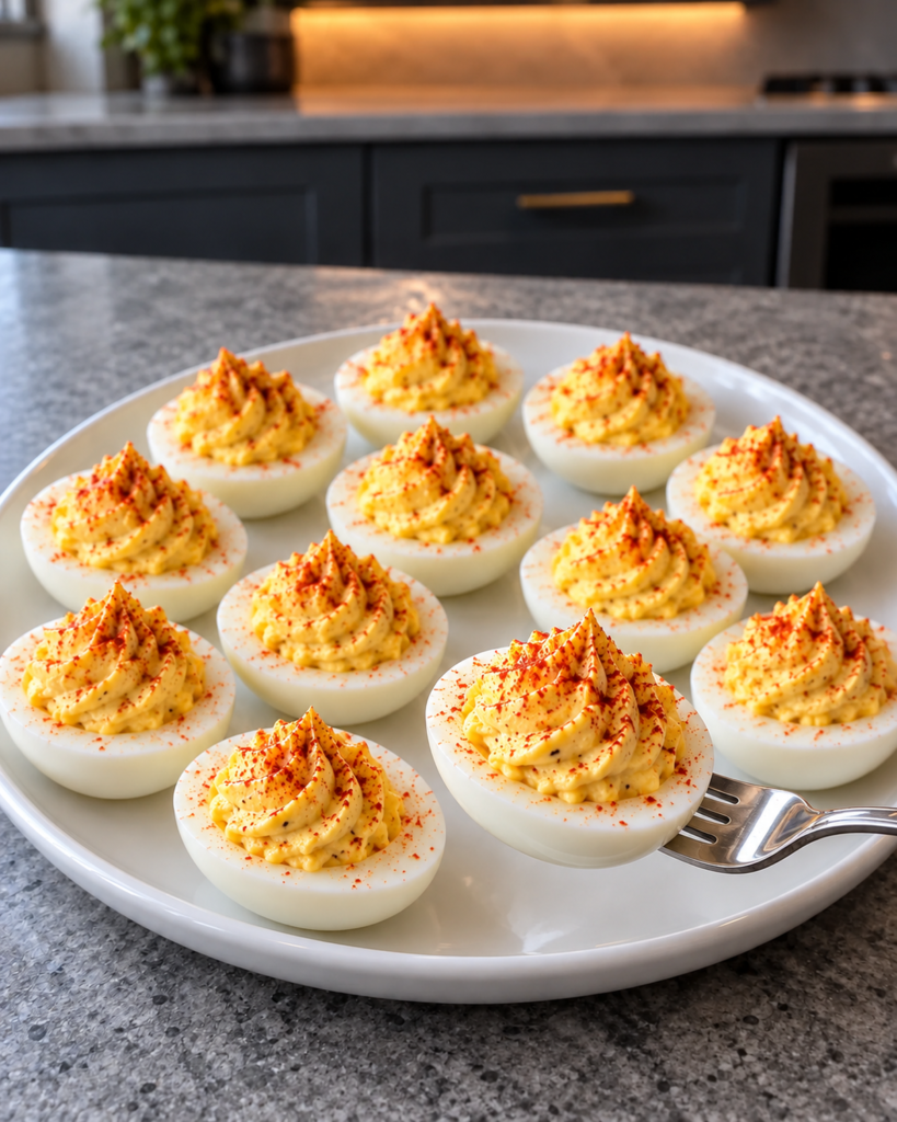 Twelve no-added-sugar deviled eggs dusted with smoked paprika, one lifted on a fork