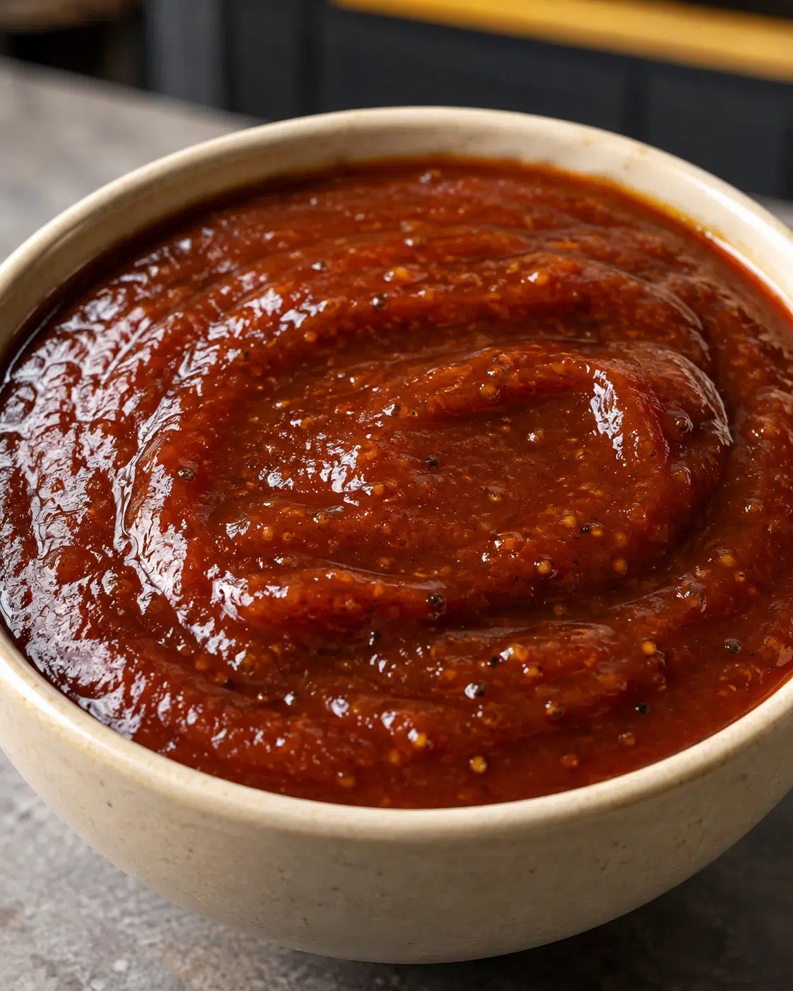 No-added-sugar smoky bbq sauce, thick and glossy in a beige bowl