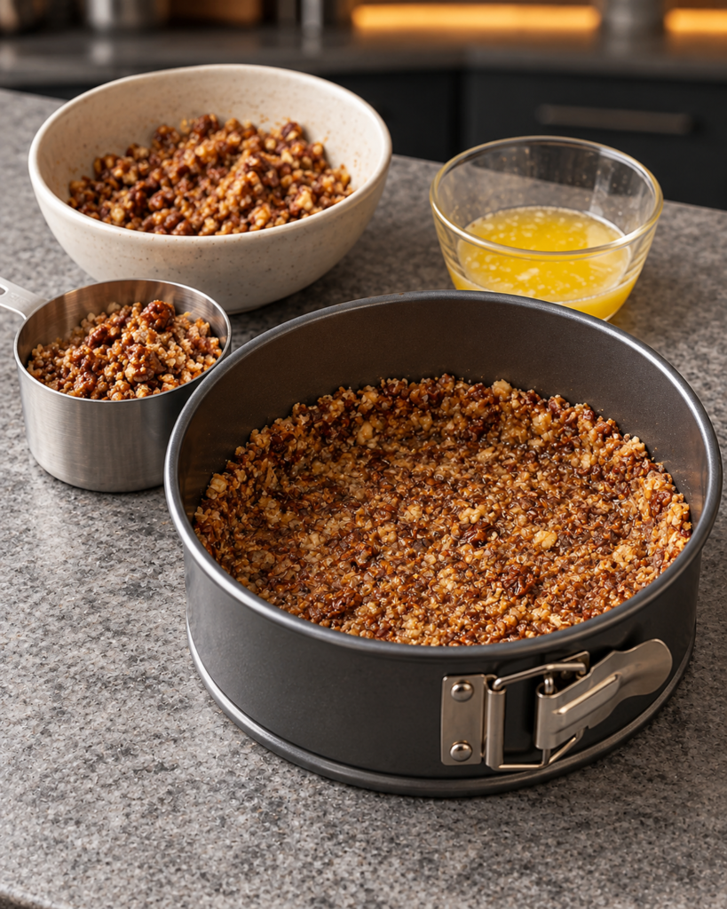 Roasted pecan crumbs pressed firmly into a parchment-lined six-inch springform pan