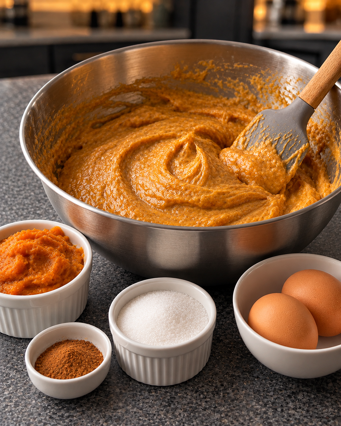 Thick orange-brown pumpkin donut batter in a stainless steel bowl