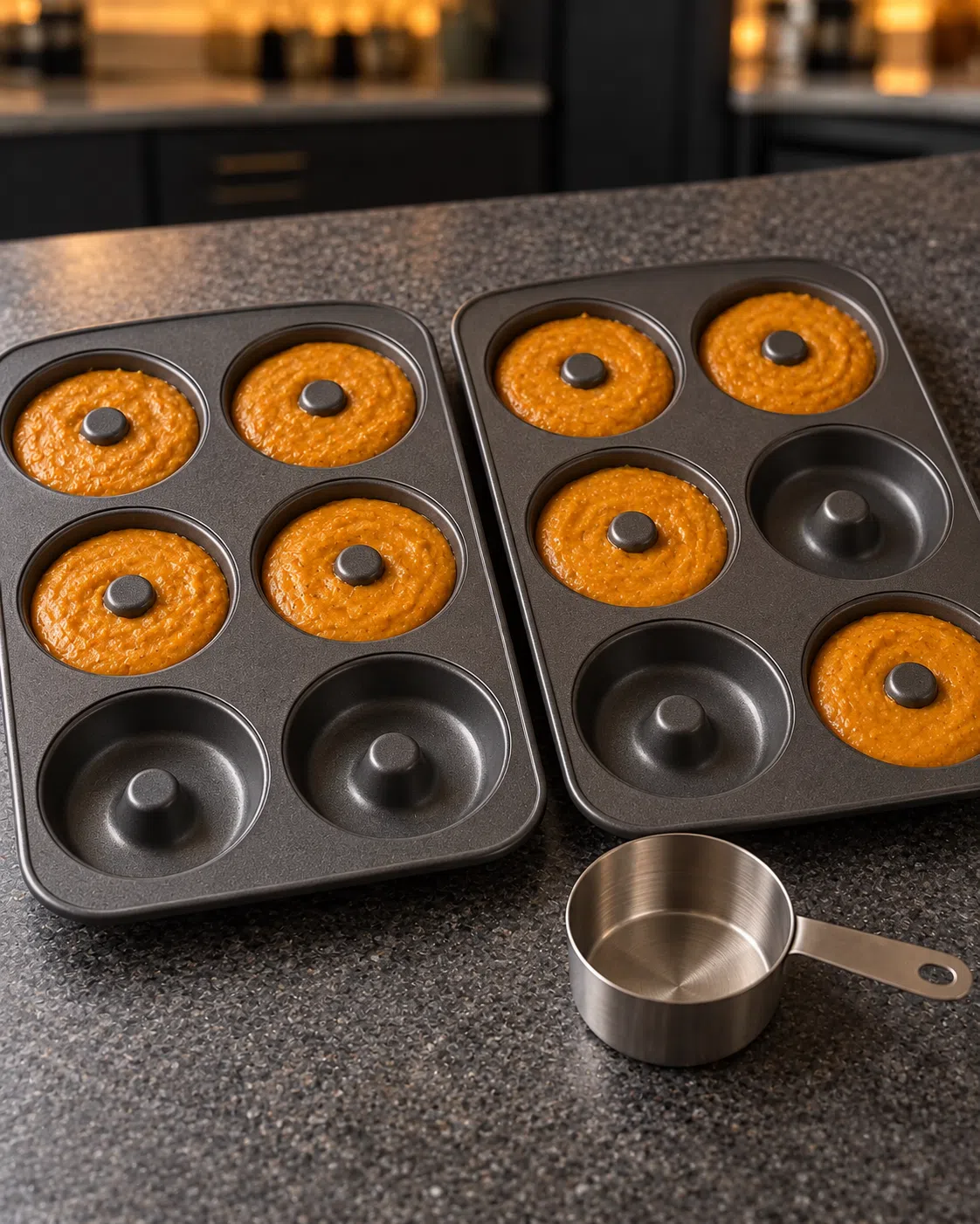 Eight donut wells filled three-quarters full with pumpkin donut batter