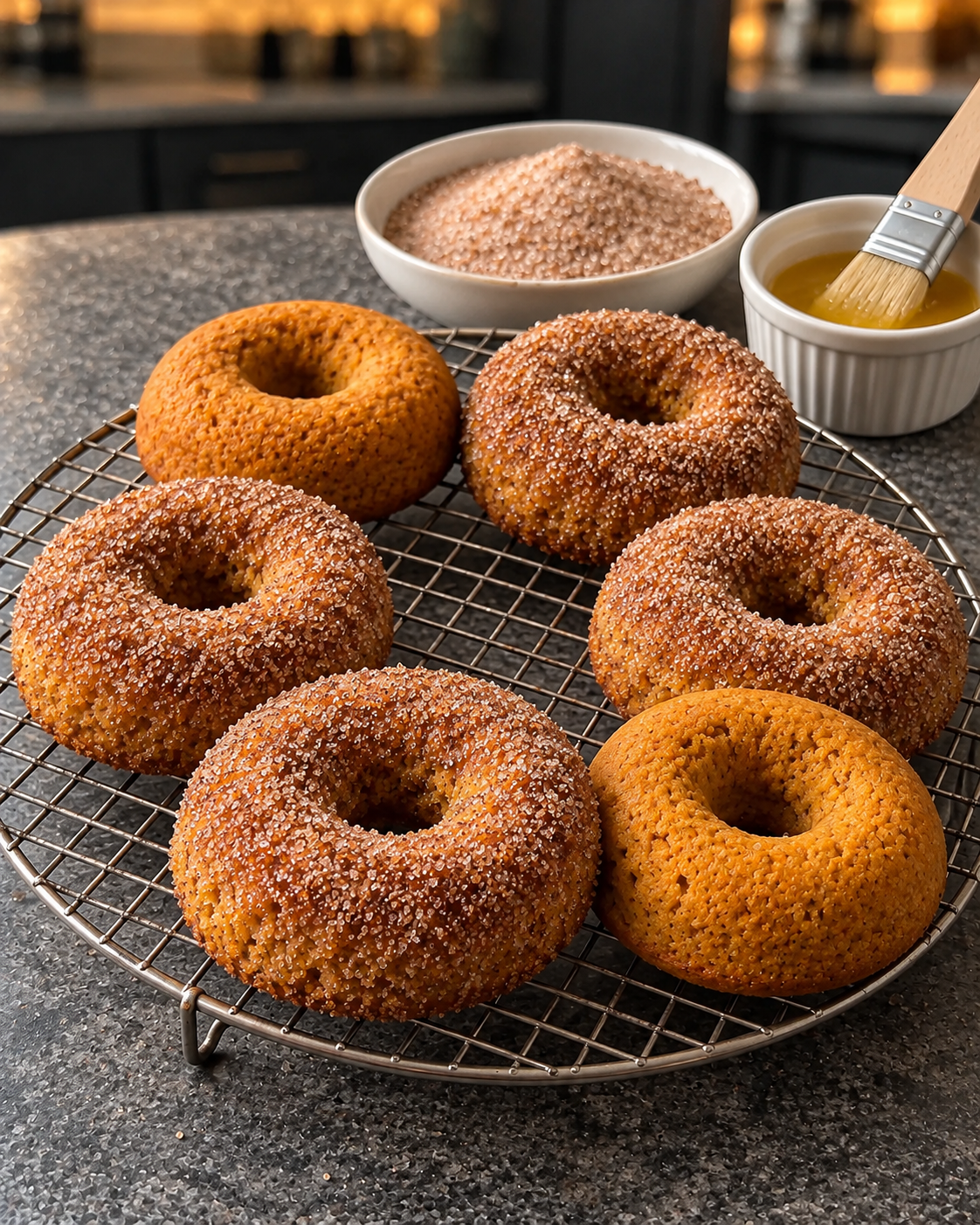 Baked pumpkin donuts on a cooling rack beside the cinnamon sugar coating