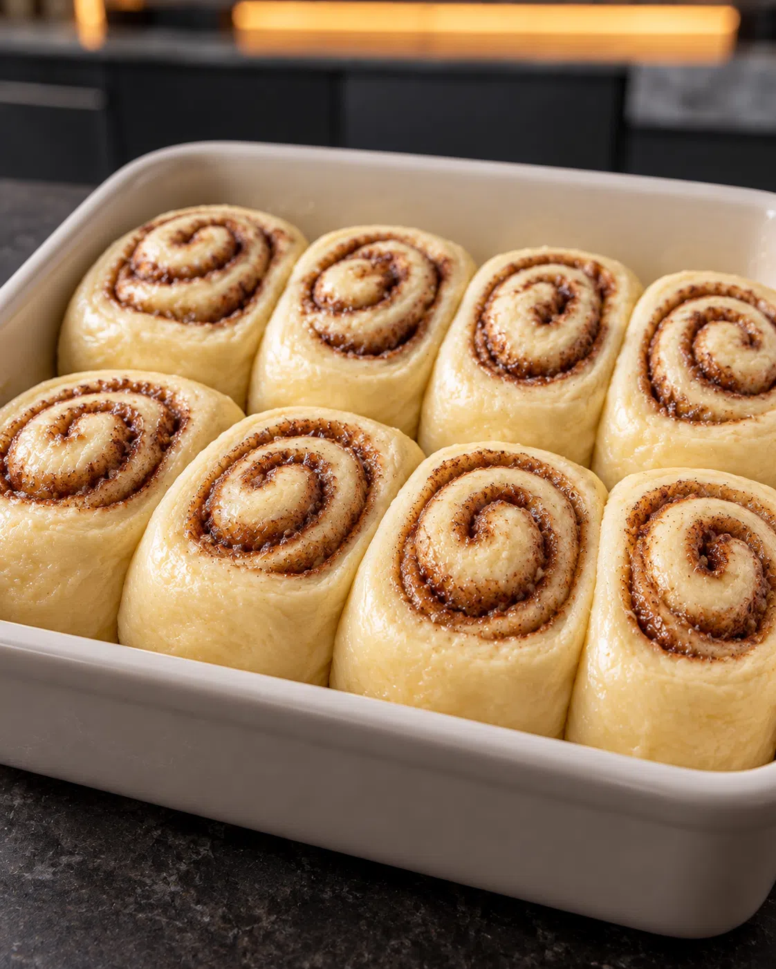 Eight unbaked cinnamon roll spirals resting in a greased square baking pan
