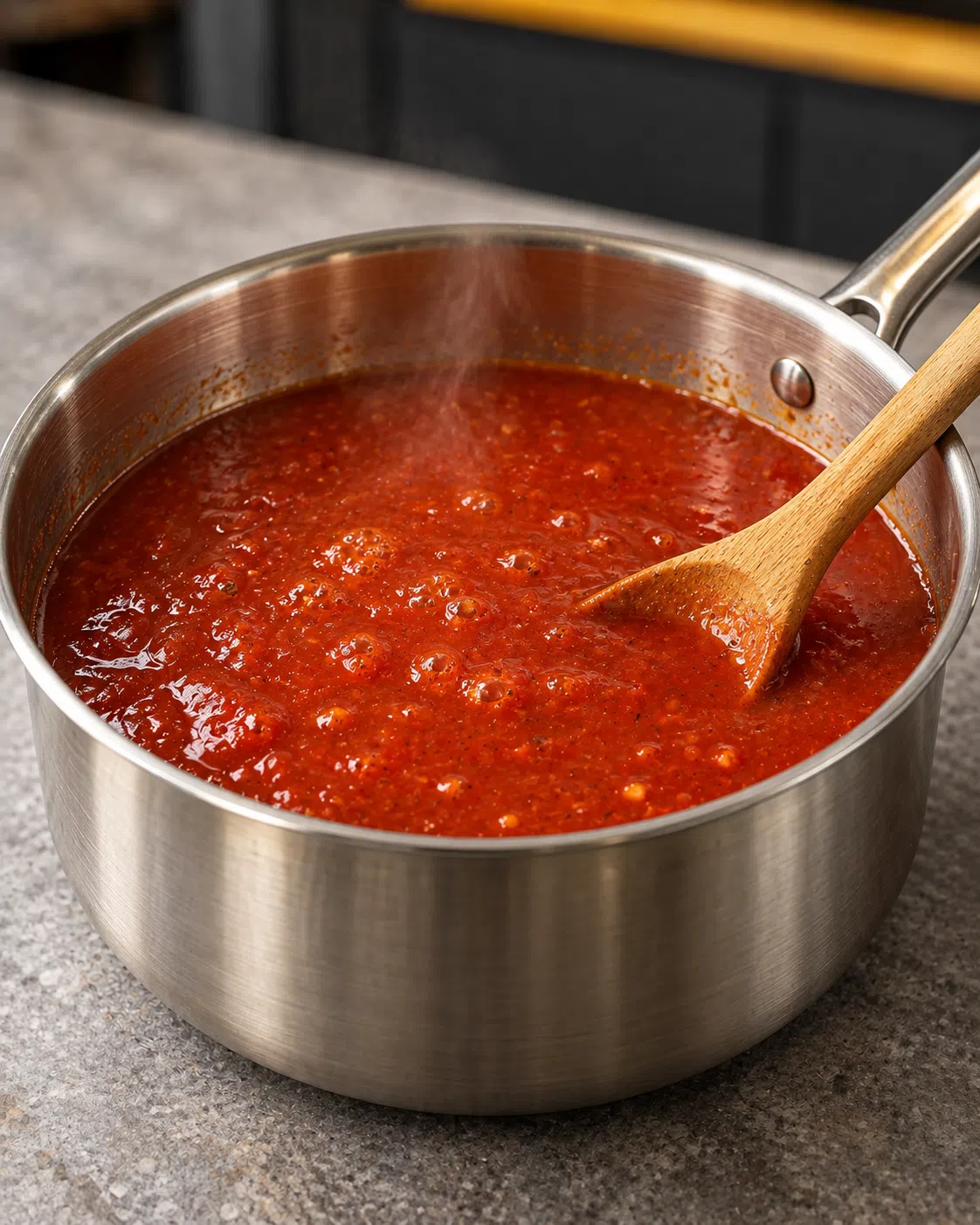 Thin bright red tomato sauce at a gentle simmer in a stainless saucepan