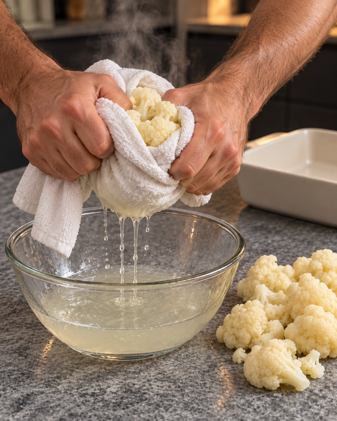 Hands wringing steamed cauliflower dry in a kitchen towel over a glass bowl