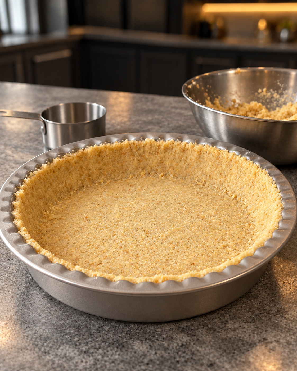 Thin pressed almond crust in a 7-inch round nonstick metal pie pan