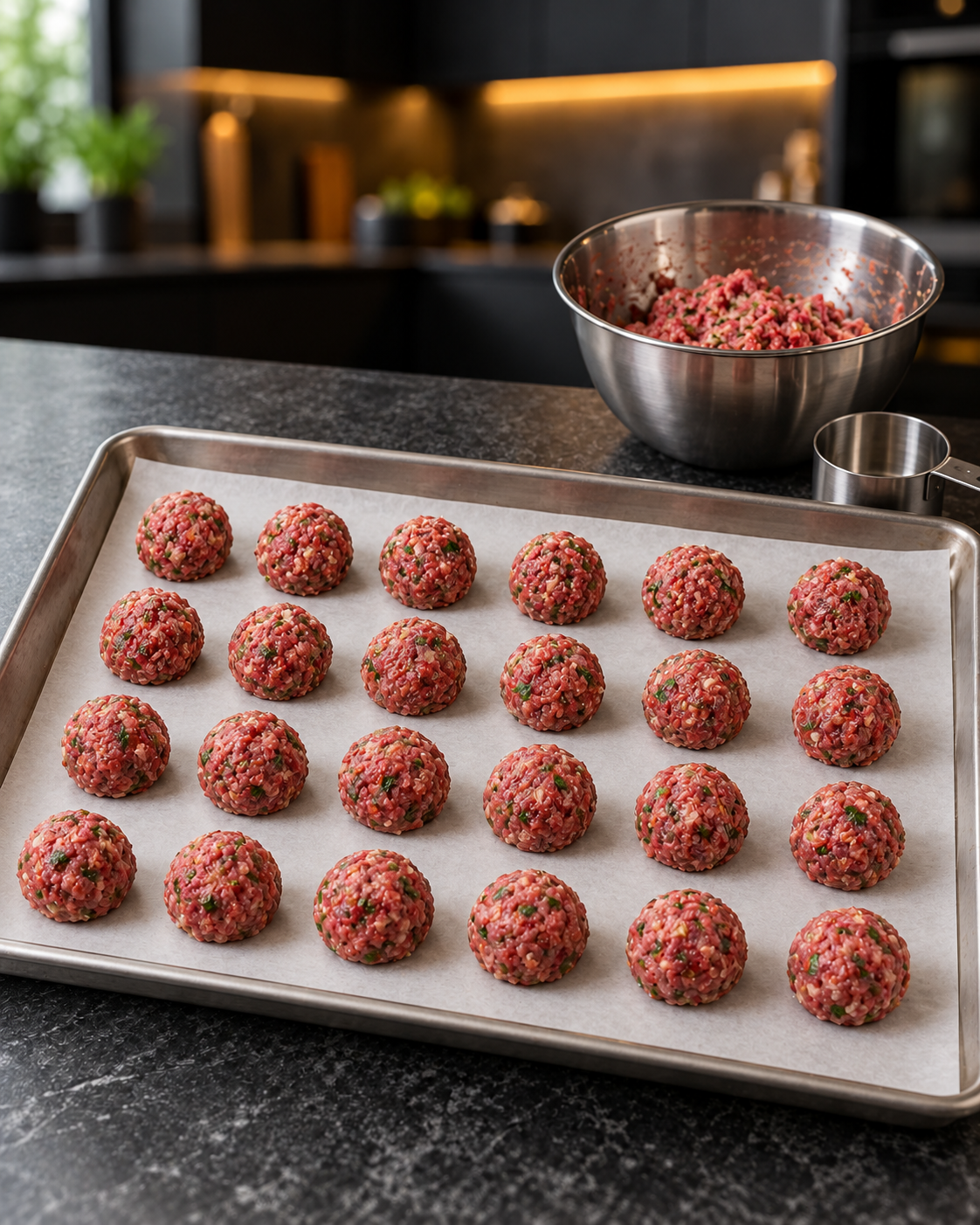 Twenty-four raw pink ground beef meatballs on a parchment-lined rimmed baking sheet