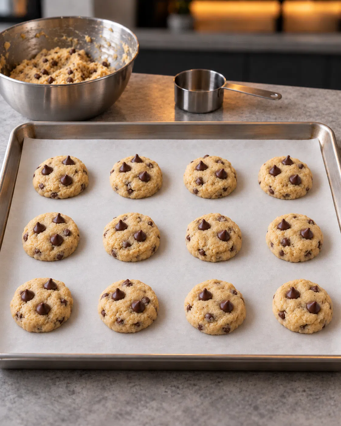 Twelve pale cookie dough rounds spaced two inches apart on a parchment-lined rimmed baking sheet