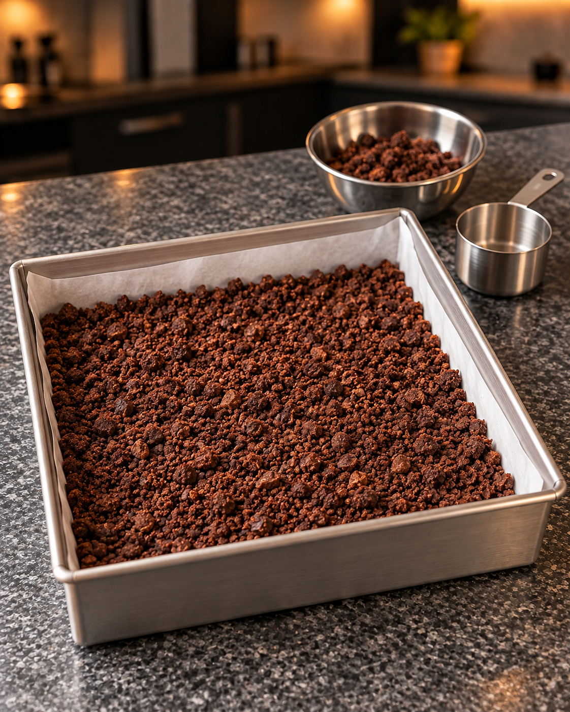 Cocoa almond crumble pressed into a parchment-lined 8x8-inch metal baking pan