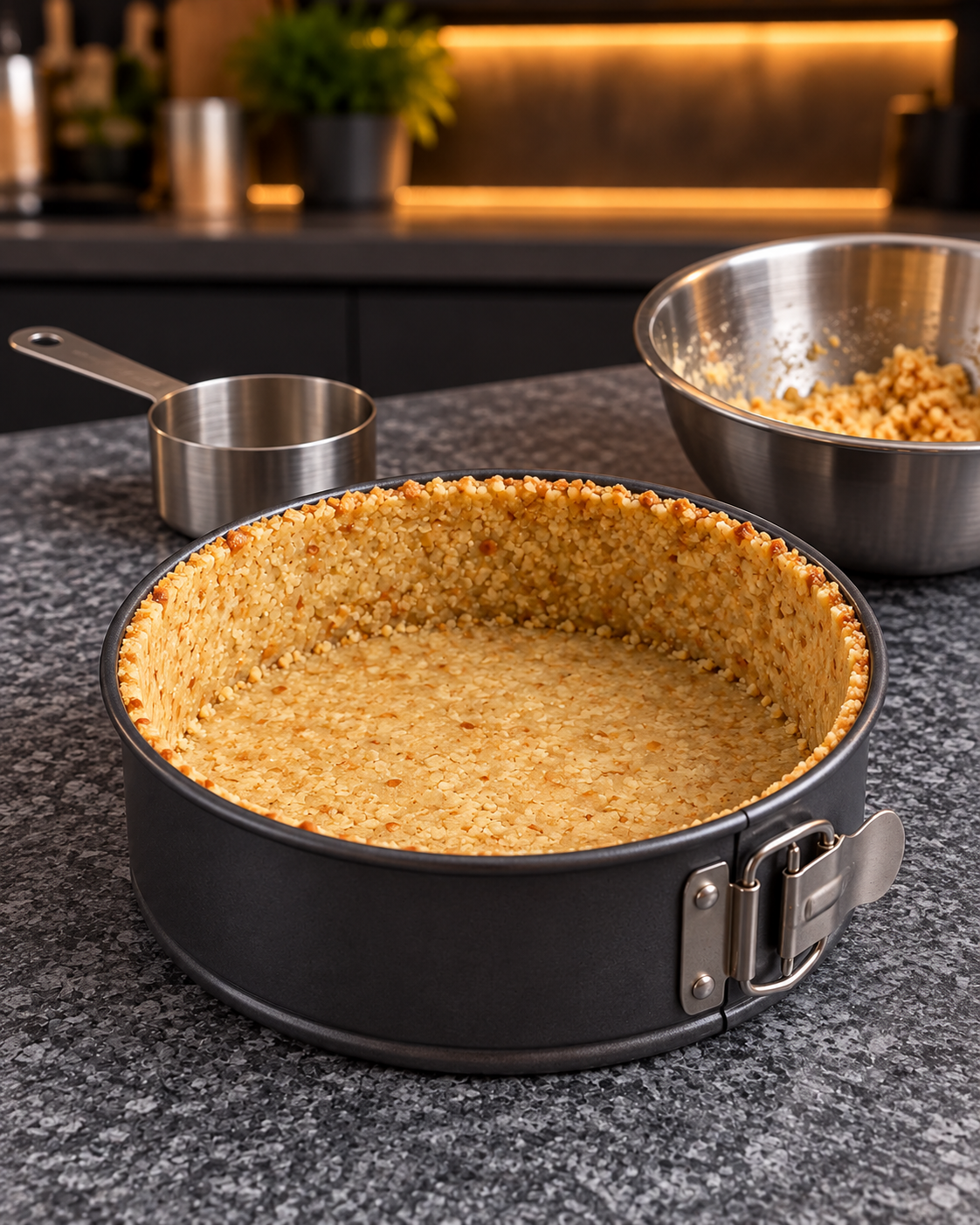 Very thin pressed almond crust lining the bottom and sides of a small 6-inch springform pan