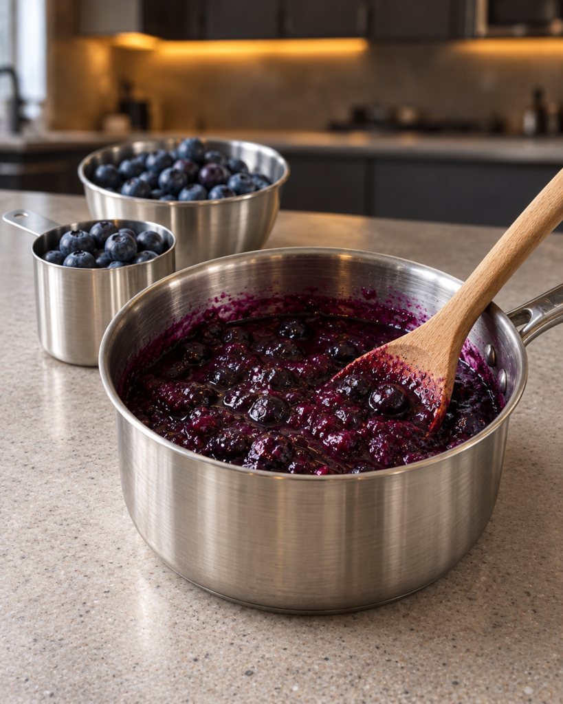 Small saucepan of thick purple blueberry and lemon filling with a wooden spoon.
