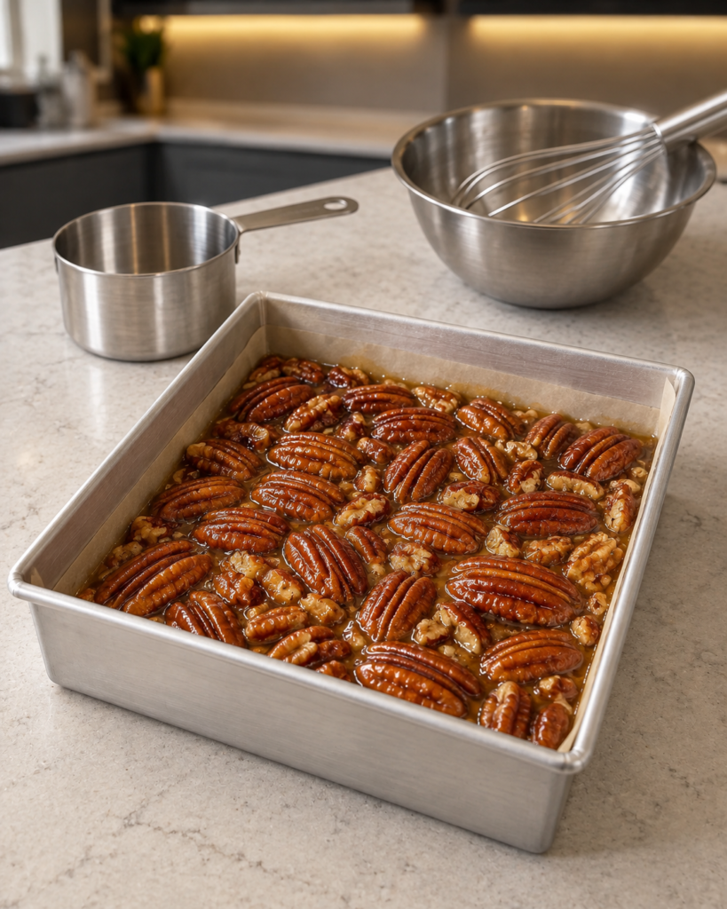 Pecan halves in a snug layer over pale amber caramel in a square metal pan