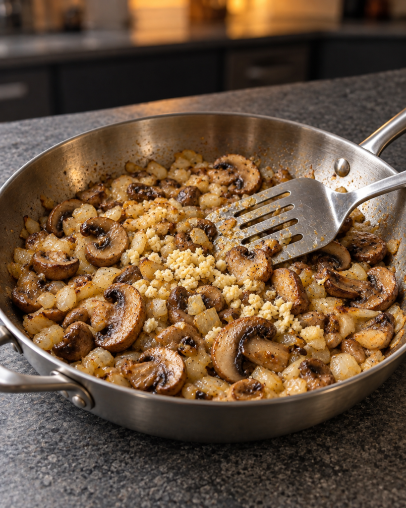 Sliced mushrooms and diced onion cooking in a 12-inch skillet