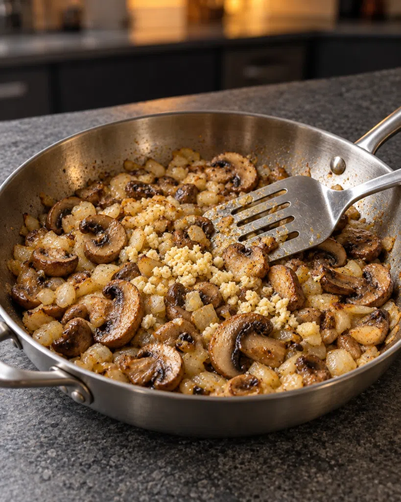 Sliced mushrooms and diced onion cooking in a 12-inch skillet