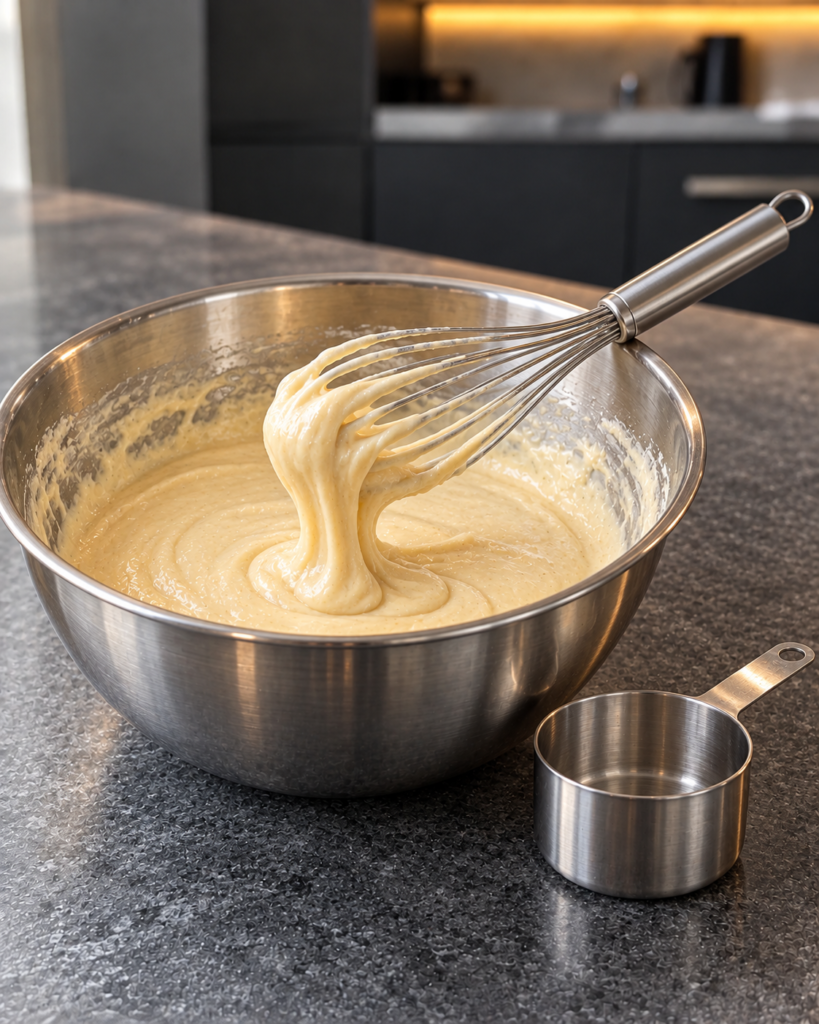 Thick pale batter in a stainless steel mixing bowl with a whisk