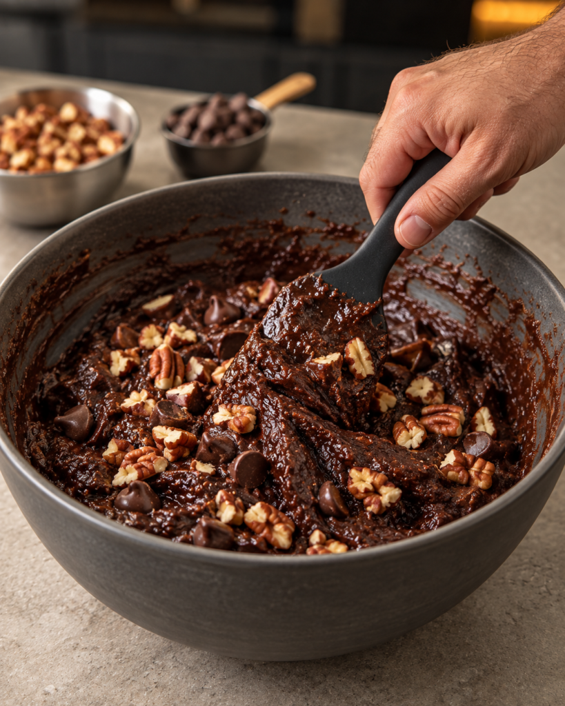 Thick dark cocoa batter with chopped pecans and chocolate chips being folded in a mixing bowl