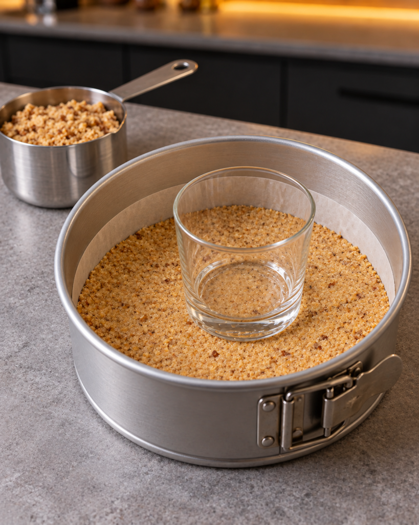 Ground roasted almond crust pressed flat in the springform pan