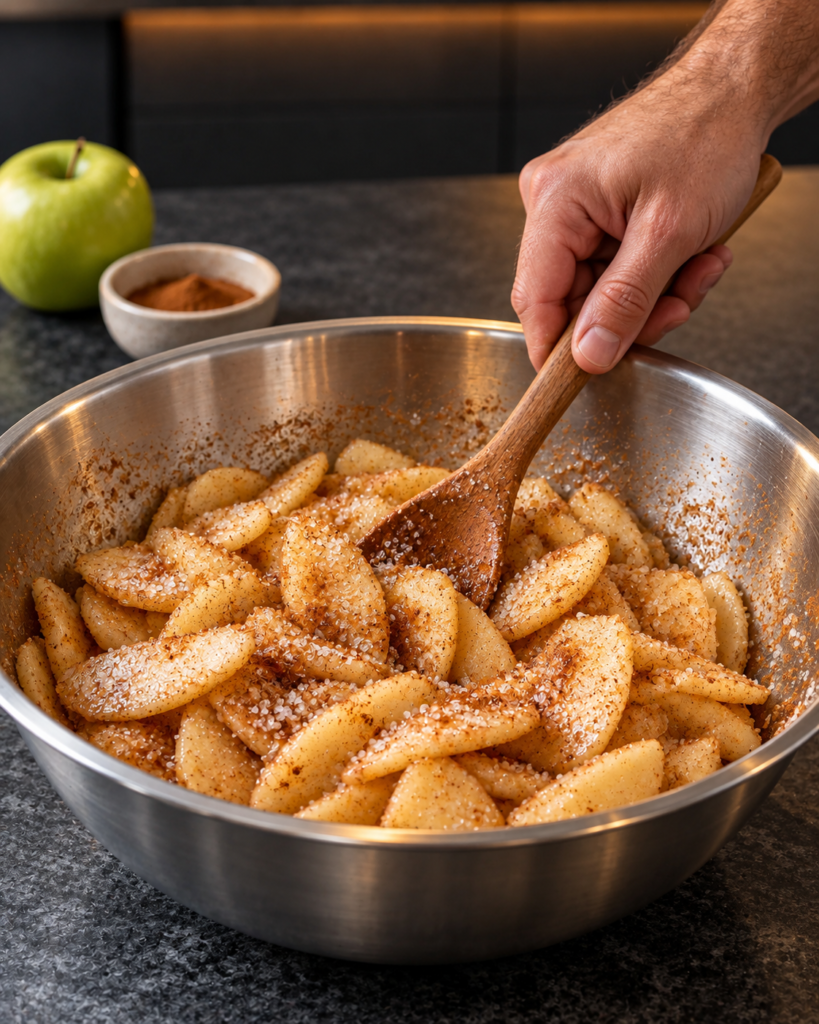 Thin apple slices tossed with cinnamon and allulose in a stainless bowl