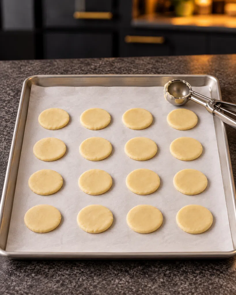 Sixteen raw wafer dough rounds on a parchment-lined baking sheet