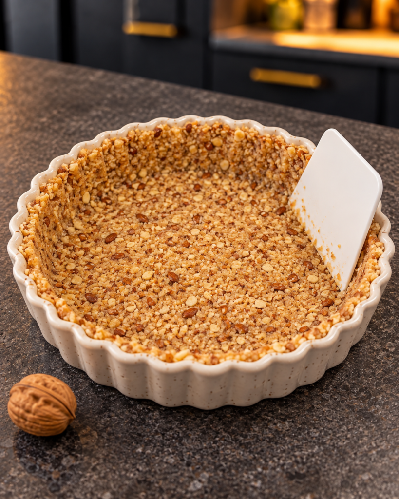 Roasted almond crumbs pressed into the fluted tart pan crust