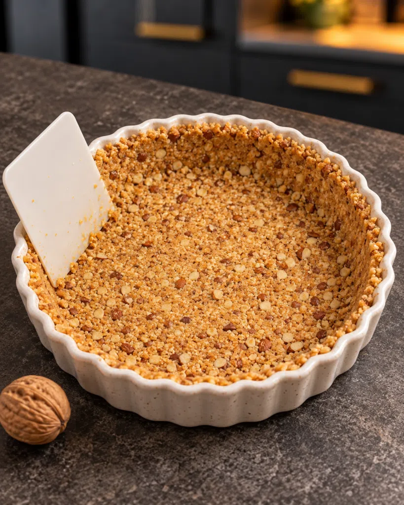 Roasted almond crumbs pressed into the fluted tart pan crust