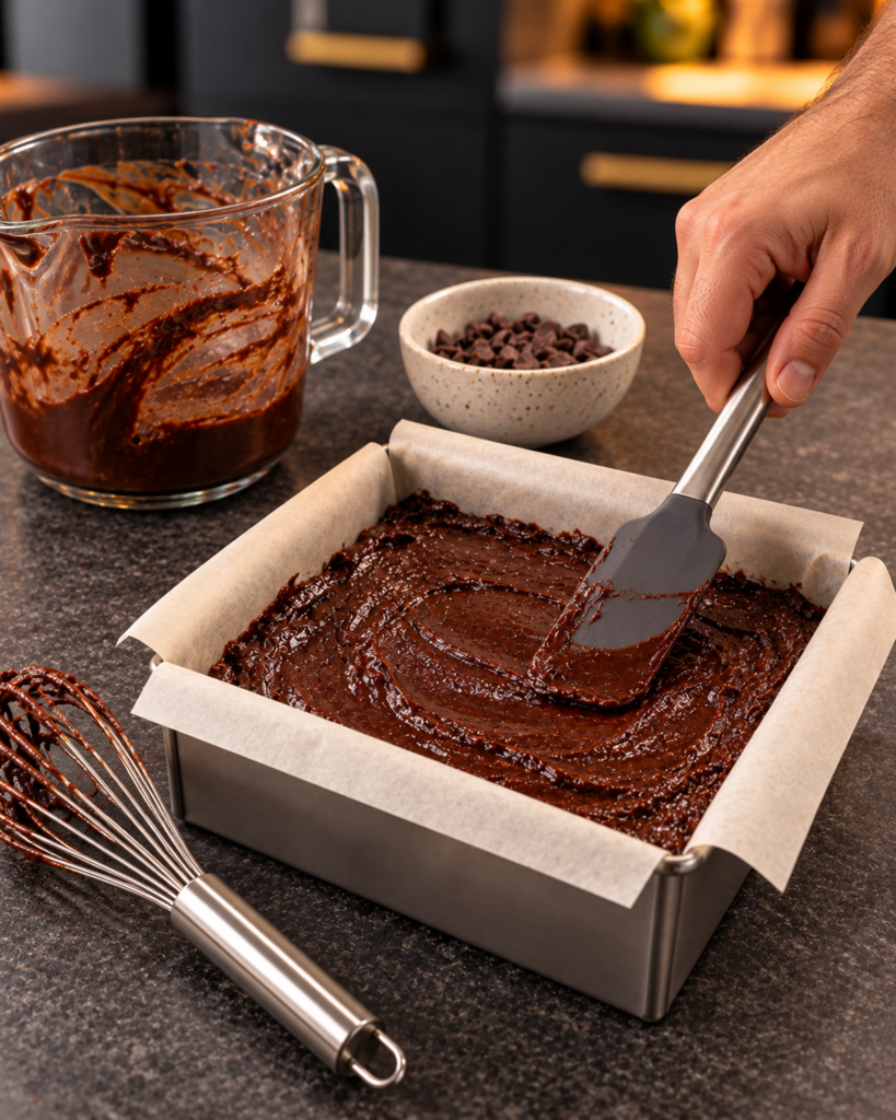 Thick chocolate brownie batter spread in a small parchment-lined square metal pan