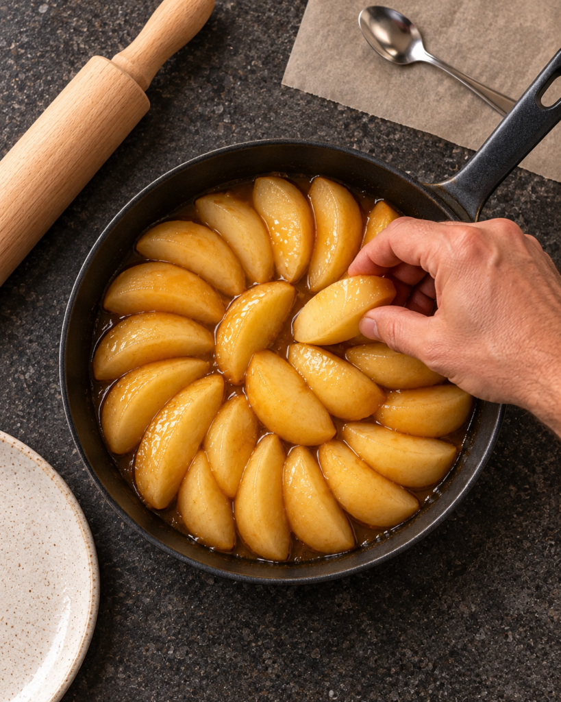 Apple wedges packed tightly in light amber caramel in a 7-inch skillet