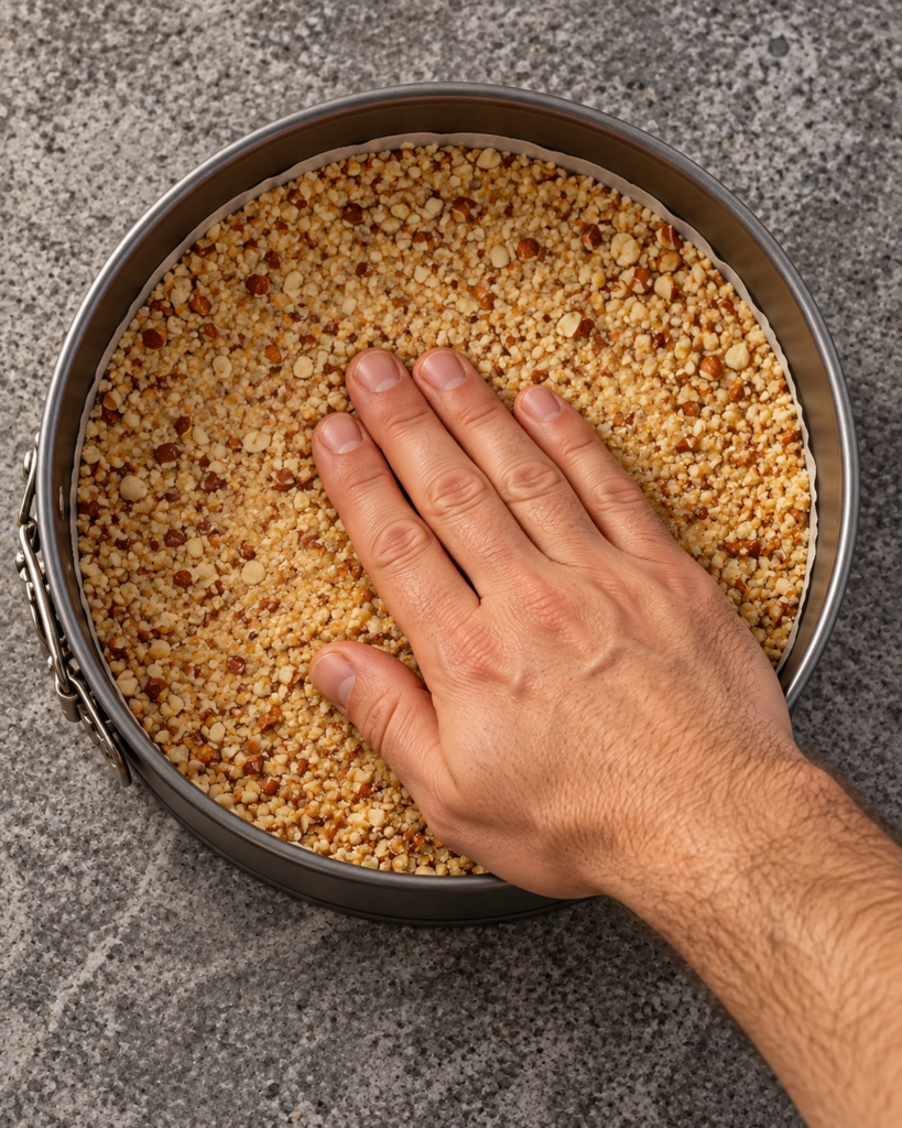 Hand pressing a coarse roasted almond crumb crust into the bottom of a round 6-inch springform pan lined with parchment